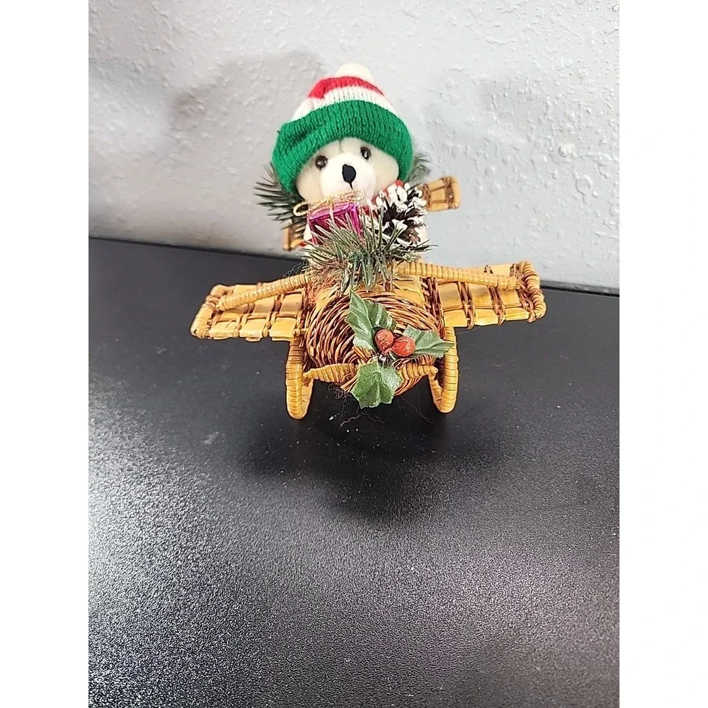 Vintage‎ Wicker Santa Claus Airplane Christmas Decoration Teddy Bear